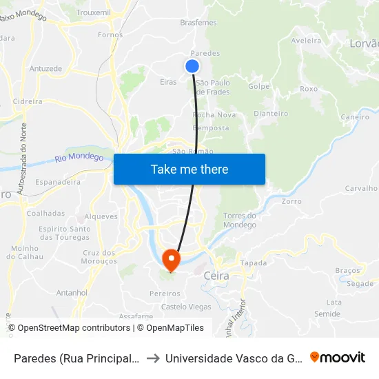 Paredes (Rua Principal) (3) to Universidade Vasco da Gama map