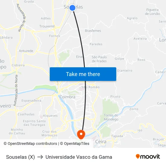 Souselas (X) to Universidade Vasco da Gama map