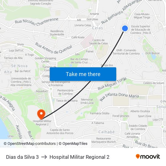 Dias da Silva 3 to Hospital Militar Regional 2 map