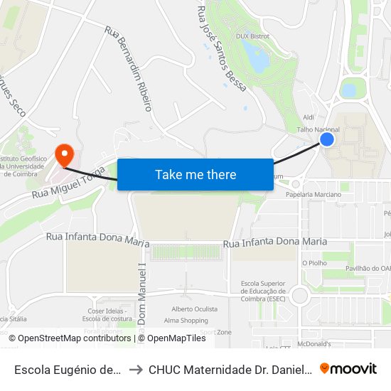 Escola Eugénio de Castro to CHUC Maternidade Dr. Daniel de Matos map