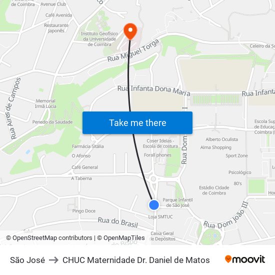 São José to CHUC Maternidade Dr. Daniel de Matos map