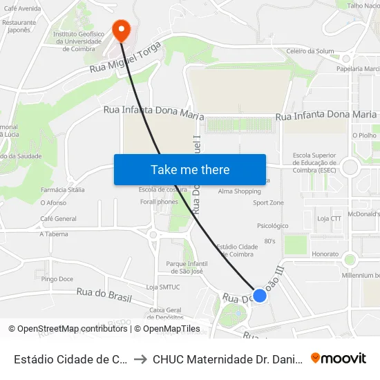 Estádio Cidade De Coimbra 2 to CHUC Maternidade Dr. Daniel de Matos map