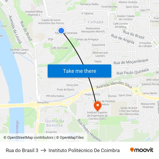 Rua do Brasil 3 to Instituto Politécnico De Coimbra map
