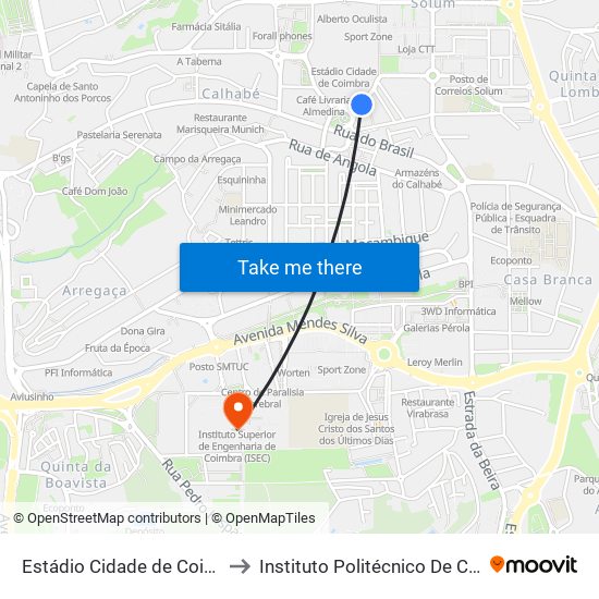 Estádio Cidade De Coimbra 2 to Instituto Politécnico De Coimbra map