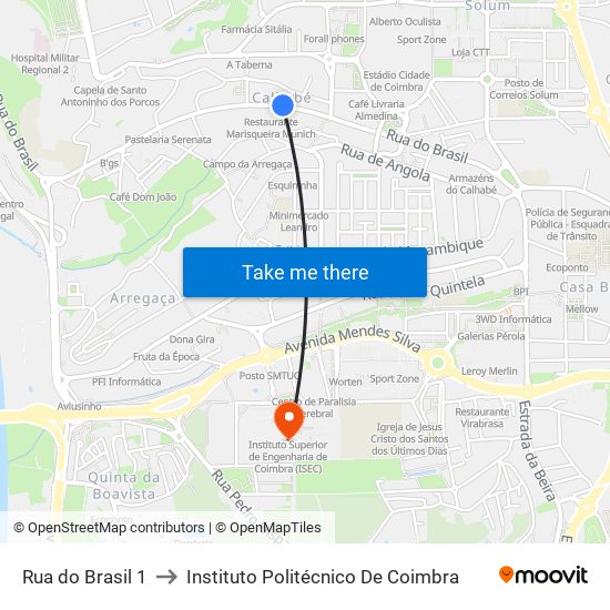 Rua do Brasil 1 to Instituto Politécnico De Coimbra map