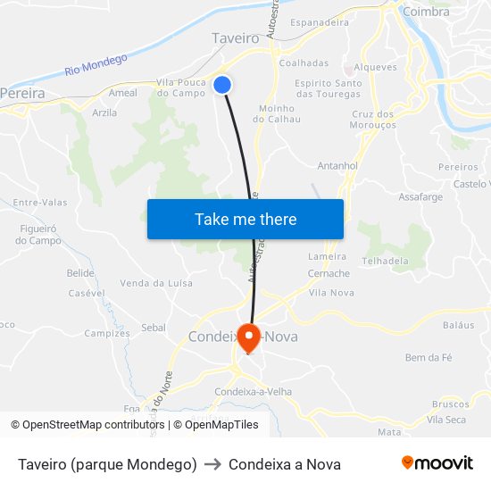 Taveiro (parque Mondego) to Condeixa a Nova map