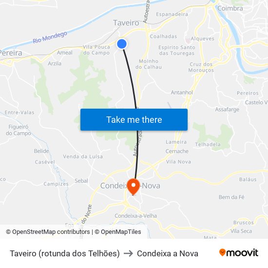 Taveiro (rotunda dos Telhões) to Condeixa a Nova map