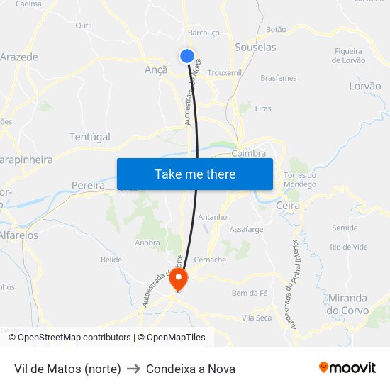 Vil de Matos (norte) to Condeixa a Nova map