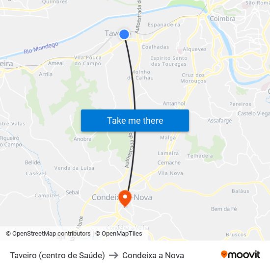 Taveiro (centro de Saúde) to Condeixa a Nova map