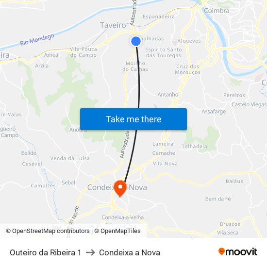 Outeiro da Ribeira 1 to Condeixa a Nova map