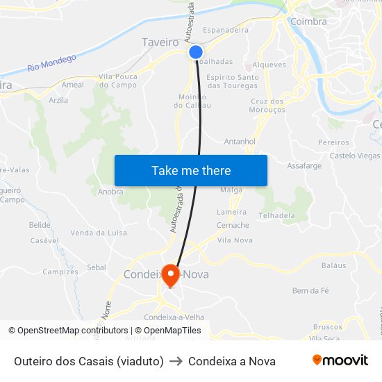 Outeiro dos Casais (viaduto) to Condeixa a Nova map