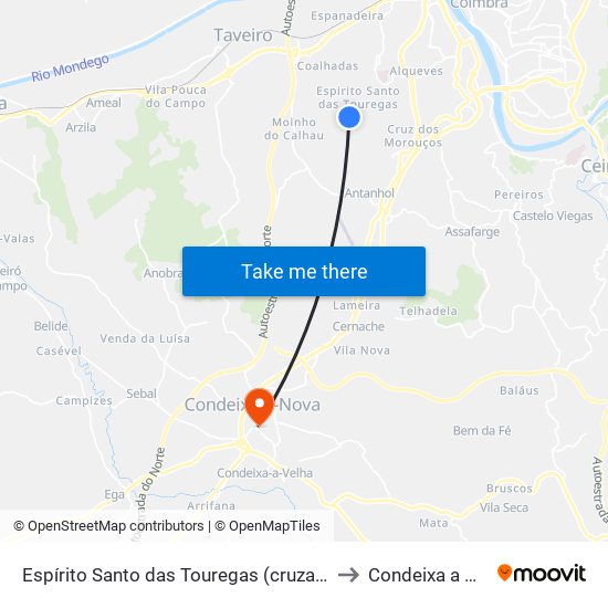 Espírito Santo das Touregas (cruzamento) to Condeixa a Nova map