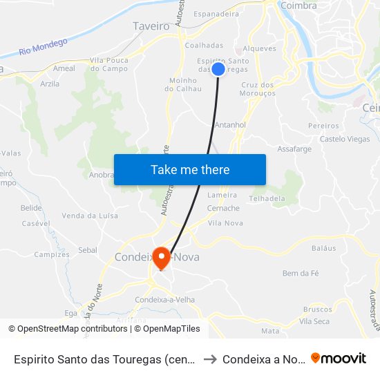 Espirito Santo das Touregas (centro) to Condeixa a Nova map