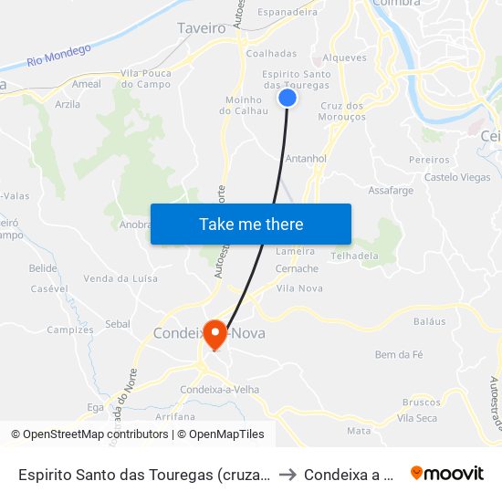 Espirito Santo das Touregas (cruzamento) to Condeixa a Nova map