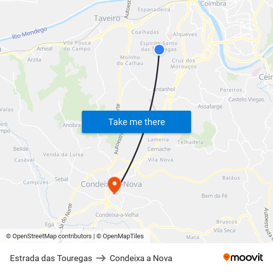 Estrada das Touregas to Condeixa a Nova map