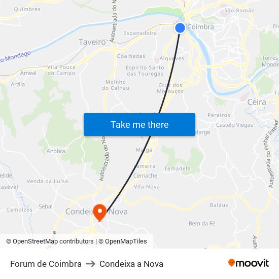 Forum de Coimbra to Condeixa a Nova map