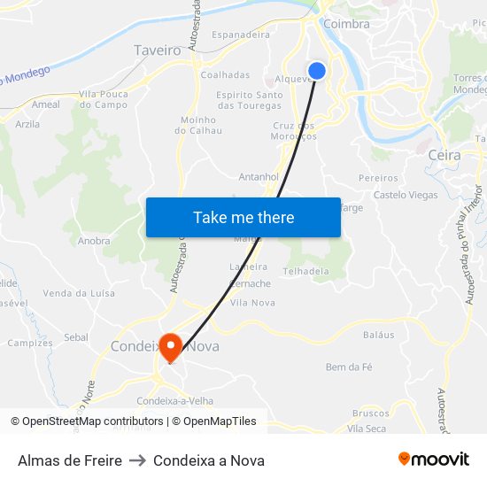 Almas de Freire to Condeixa a Nova map