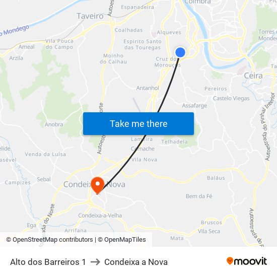 Alto dos Barreiros 1 to Condeixa a Nova map