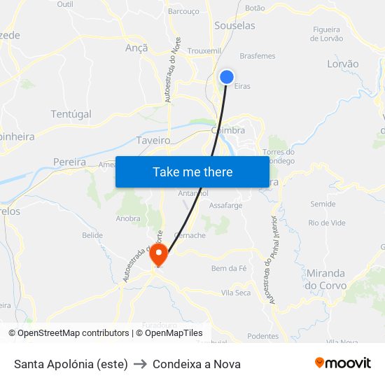 Santa Apolónia (este) to Condeixa a Nova map