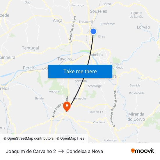 Joaquim de Carvalho 2 to Condeixa a Nova map