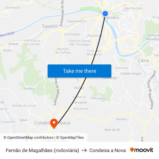 Fernão de Magalhães  (rodoviária) to Condeixa a Nova map