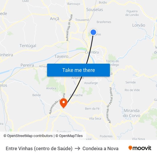 Entre Vinhas (centro de Saúde) to Condeixa a Nova map