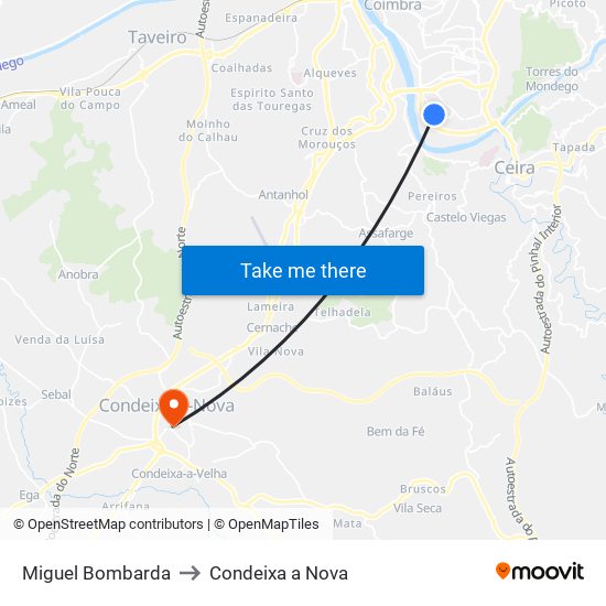 Miguel Bombarda to Condeixa a Nova map