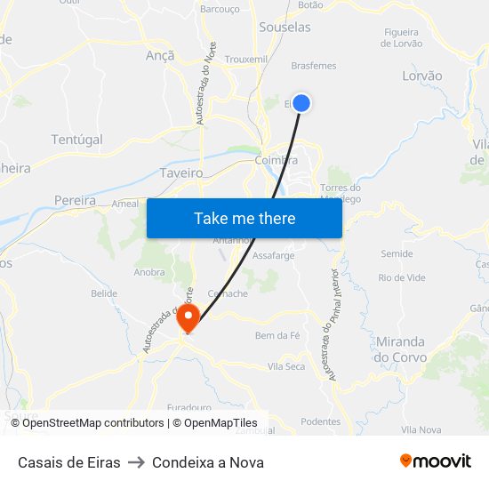 Casais de Eiras to Condeixa a Nova map