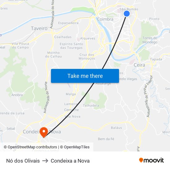 Nó dos Olivais to Condeixa a Nova map