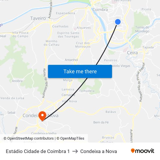 Estádio Cidade de Coimbra 1 to Condeixa a Nova map