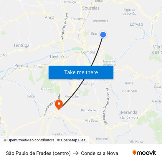 São Paulo de Frades (centro) to Condeixa a Nova map