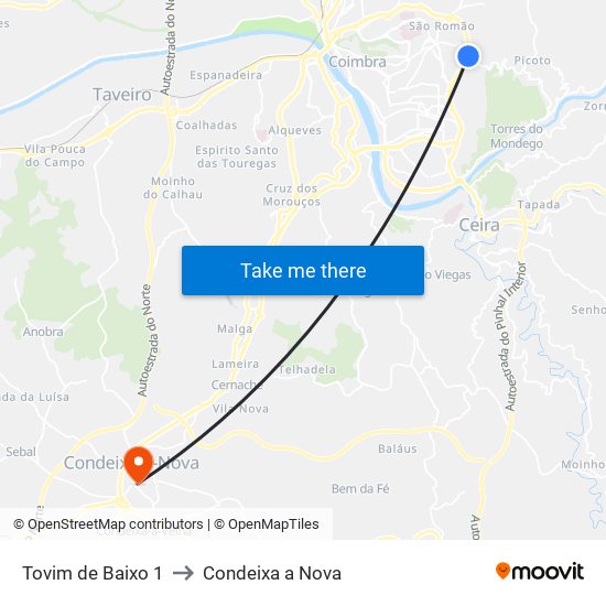 Tovim de Baixo 1 to Condeixa a Nova map