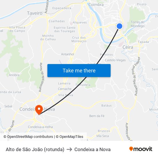 Alto de São João (rotunda) to Condeixa a Nova map
