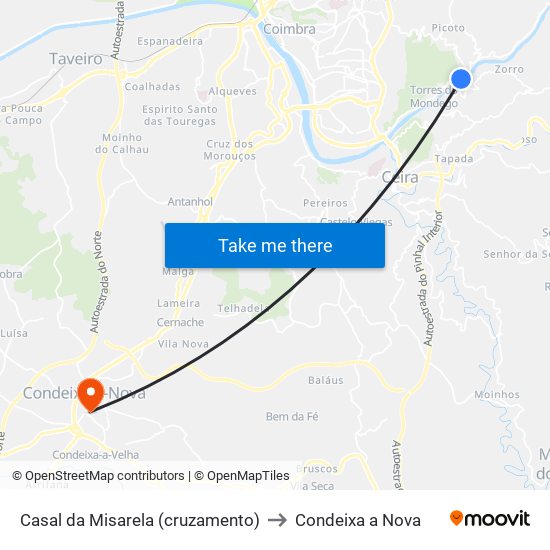 Casal da Misarela (cruzamento) to Condeixa a Nova map