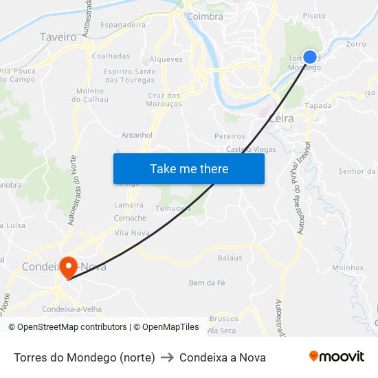 Torres do Mondego (norte) to Condeixa a Nova map