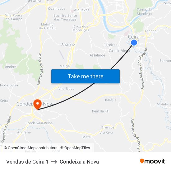 Vendas de Ceira 1 to Condeixa a Nova map