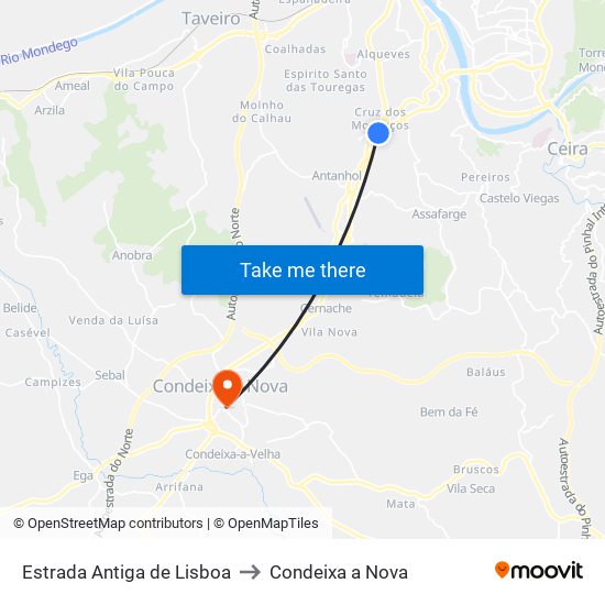 Estrada Antiga de Lisboa to Condeixa a Nova map