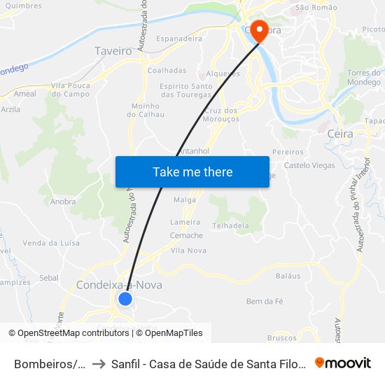 Bombeiros/Ctt to Sanfil - Casa de Saúde de Santa Filomena map