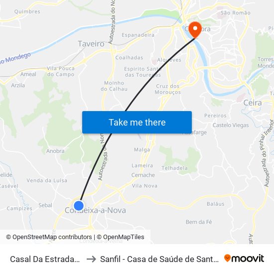 Casal Da Estrada/Capela to Sanfil - Casa de Saúde de Santa Filomena map