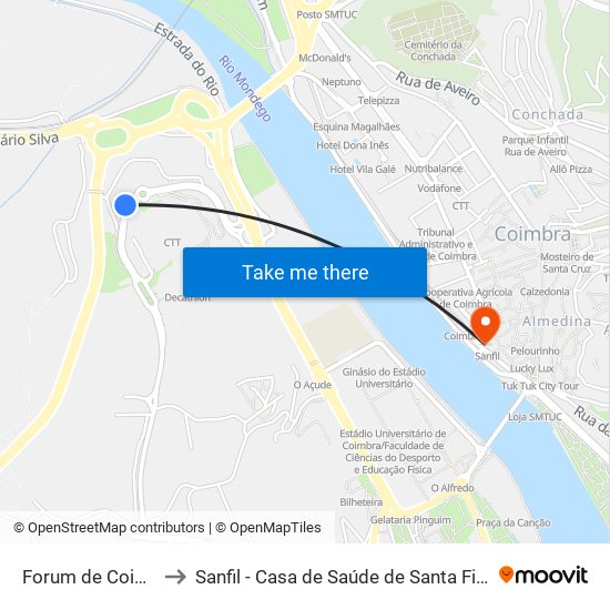 Forum de Coimbra to Sanfil - Casa de Saúde de Santa Filomena map