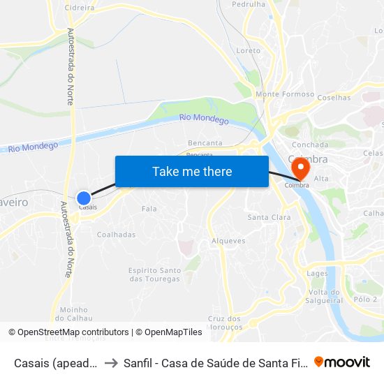 Casais (apeadeiro) to Sanfil - Casa de Saúde de Santa Filomena map
