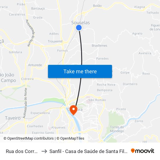 Rua dos Correios to Sanfil - Casa de Saúde de Santa Filomena map