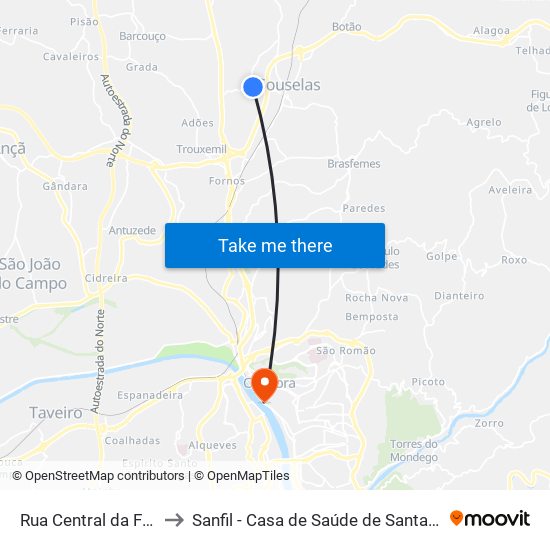 Rua Central da Fonte 1 to Sanfil - Casa de Saúde de Santa Filomena map