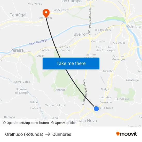 Orelhudo (Rotunda) to Quimbres map