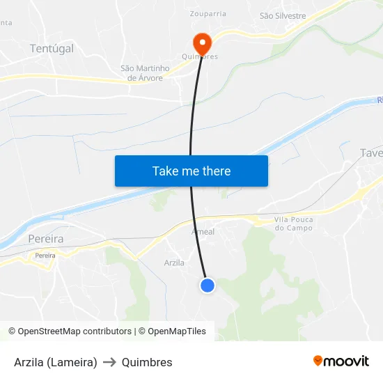 Arzila (Lameira) to Quimbres map