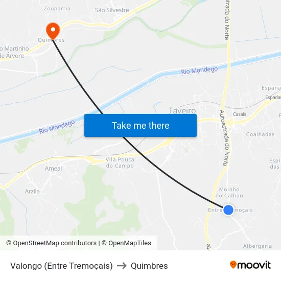 Valongo (Entre Tremoçais) to Quimbres map