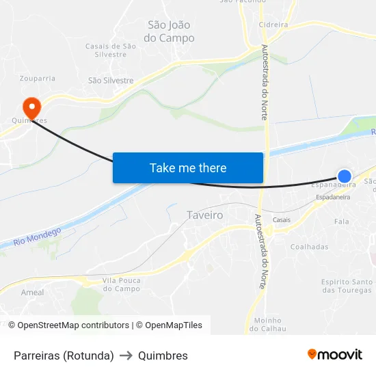 Parreiras (Rotunda) to Quimbres map