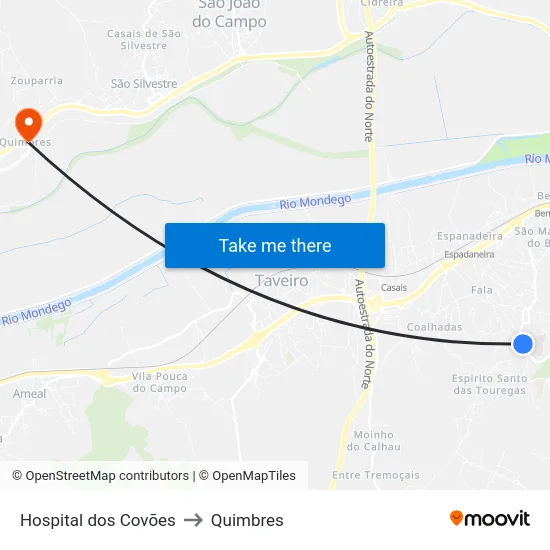 Hospital dos Covões to Quimbres map