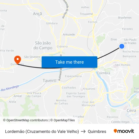 Lordemão (Cruzamento do Vale Velho) to Quimbres map