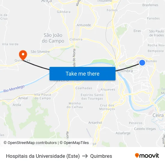 Hospitais da Universidade (Este) to Quimbres map